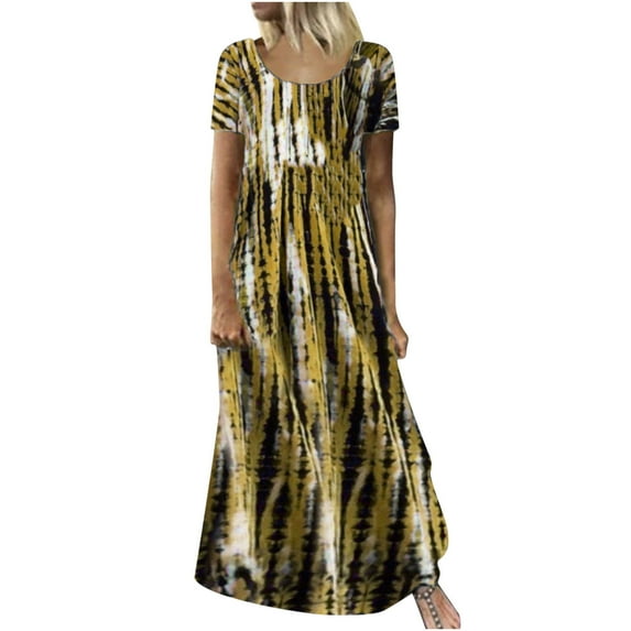 VEKDONE Womens Summer Maxi Dress Short Sleeve Crew Neck Casual Long Beach Dresses Tie Dye Sundress Lounge T Shirt Dress