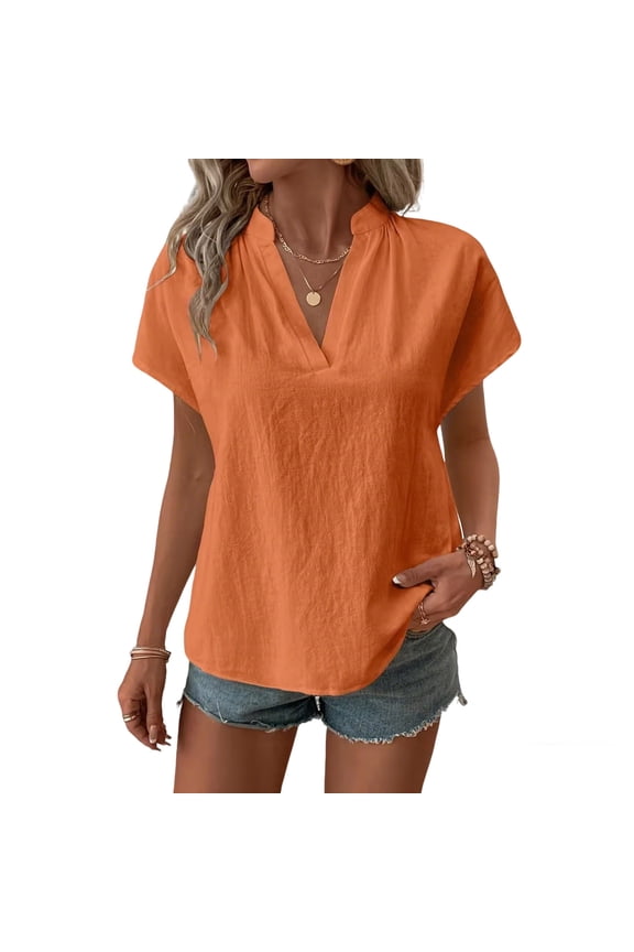 Womens Summer Tops Short Sleeve V Neck Cotton Linen Blouse Casual Loose Fit Collared Tunic Tops Casual Solid Color Lightweight Pullover Top Orange M
