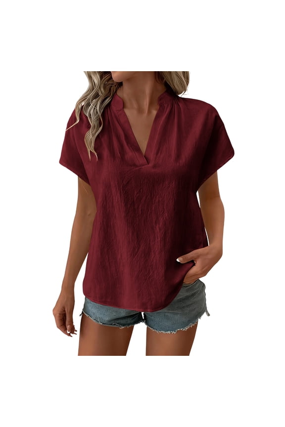 Womens Summer Tops Short Sleeve V Neck Cotton Linen Blouse Casual Loose Fit Collared Tunic Tops Casual Solid Color Lightweight Pullover Top Wine S