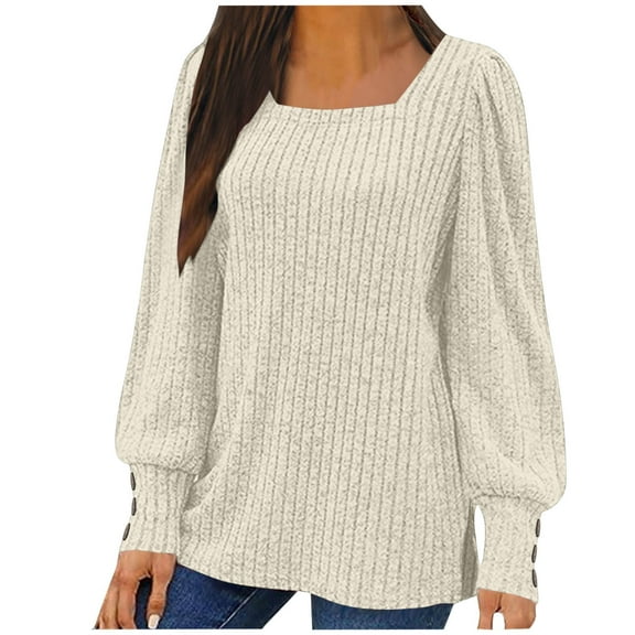 VEKDONE Womens Sweaters 2025 Fall Long Lantern Sleeve Buttons Shirts Dressy Casual Square Neck Ribbed Knit Pullover Tops