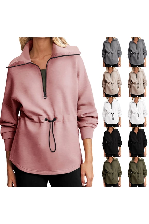 Womens Sweatshirt Oversized Half Zip Up Drawstring Waist Long Sleeve Side Slits Soft Casual Pullover Sweatshirts Tops