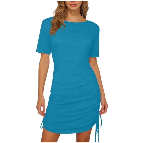 VEKDONE Womens T-Shirt Dress Short Sleeve Crewneck Drawstring Ruched Mini Dress Casual Athletic Tennis Dresses Solid Color Lightweight Dress Light Blue XXXL