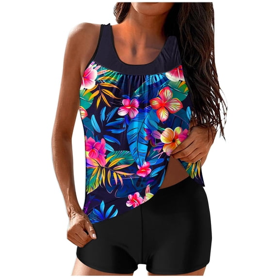 VEKDONE Womens Tankini Swimsuit Two Piece Fashion Print Tummy Control Bathing Suit High Waisted Boyshort Swimwear Set Casual Pleated Beach Swimsuits E Multicolor M