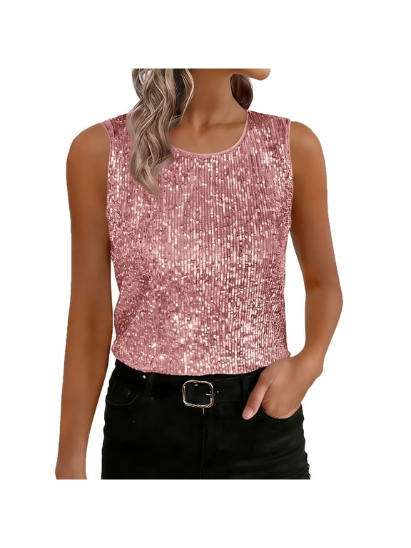 Womens Tanks Tops Crew Neck Loose Sleeveless Vest Sparkly Sequin Party Blouse Fashion Evening Tops Pink M