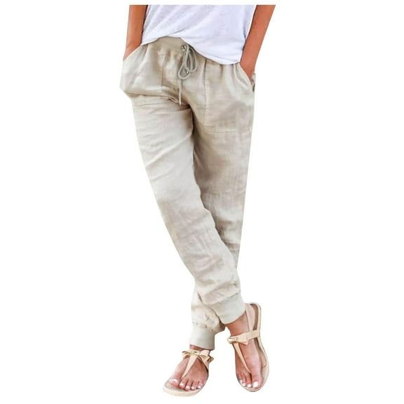 VEKDONE Womens Tapered Long Pants Cotton Linen Drawstring Pants Summer Elastic Waist Straight Trousers Plus Size Casual Pant with Pockets Khaki XXL