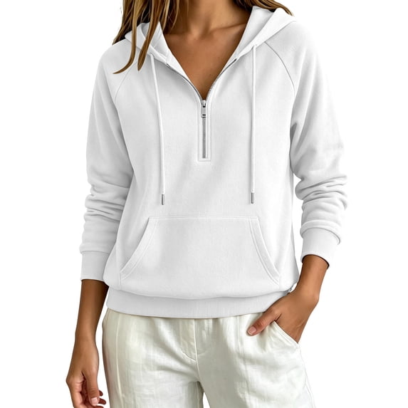 VEKDONE Womens Thin Fleece Lined Hoodie Fall Long Sleeve 1/2 Zip Up Pullover Sweatshirts | Casual Loose Fit Pullover Tops, Drawstring Hooded Sweatshirt with Kangaroo Pocket White XXL