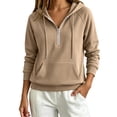 thumbnail image 1 of VEKDONE Womens Thin Fleece Lined Hoodie Fall Long Sleeve 1/2 Zip Up Pullover Sweatshirts | Casual Loose Fit Pullover Tops, Drawstring Hooded Sweatshirt with Kangaroo Pocket Khaki S, 1 of 5