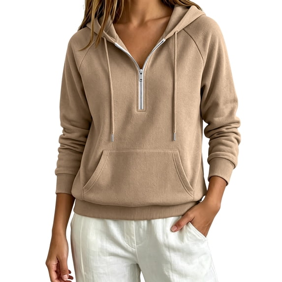 VEKDONE Womens Thin Fleece Lined Hoodie Fall Long Sleeve 1/2 Zip Up Pullover Sweatshirts | Casual Loose Fit Pullover Tops, Drawstring Hooded Sweatshirt with Kangaroo Pocket Khaki S