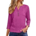 thumbnail image 1 of VEKDONE Womens Tops 3/4 Sleeve T Shirts Eyelet Button V Neck Tunic Tops Summer Casual Loose Fit Breathable Tees Solid Color Fashion Clothes Hot Pink M, 1 of 9
