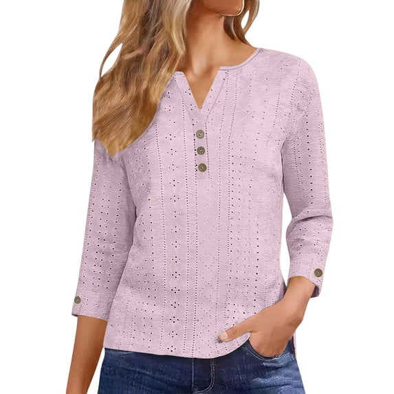 VEKDONE Womens Tops 3/4 Sleeve T Shirts Eyelet Button V Neck Tunic Tops Summer Casual Loose Fit Breathable Tees Solid Color Fashion Clothes Pink L