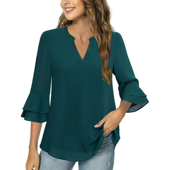 VEKDONE Womens Tops Dressy Casual 3/4 Tiered Bell Sleeve Blouses Double Layered Chiffon Work Tunic Shirts Lightweight Breathable V-Neck Shirt