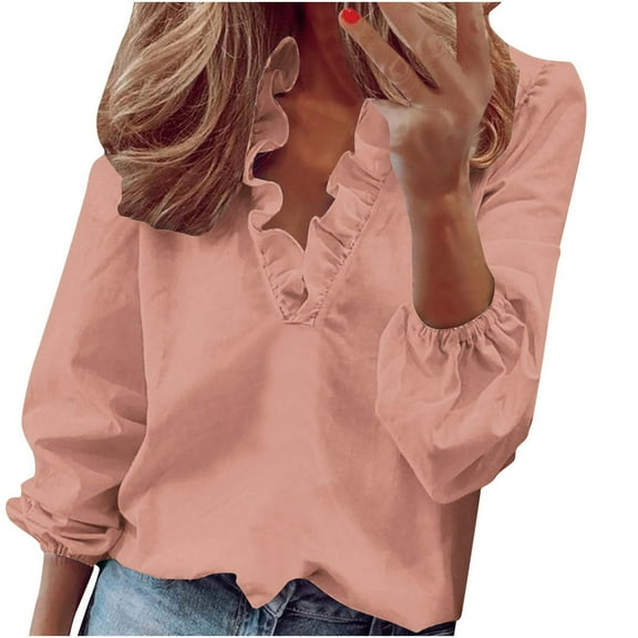 VEKDONE Womens Tops Dressy Long Sleeve Plus Size Blouse Elegant Trendy Ruched Ruffle V Neck Blouses Solid Color Loose Fit Ladies Outdoor Shirts