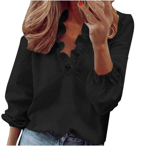 VEKDONE Womens Tops Dressy Long Sleeve Plus Size Blouse Elegant Trendy Ruched Ruffle V Neck Blouses Solid Color Loose Fit Ladies Outdoor Shirts