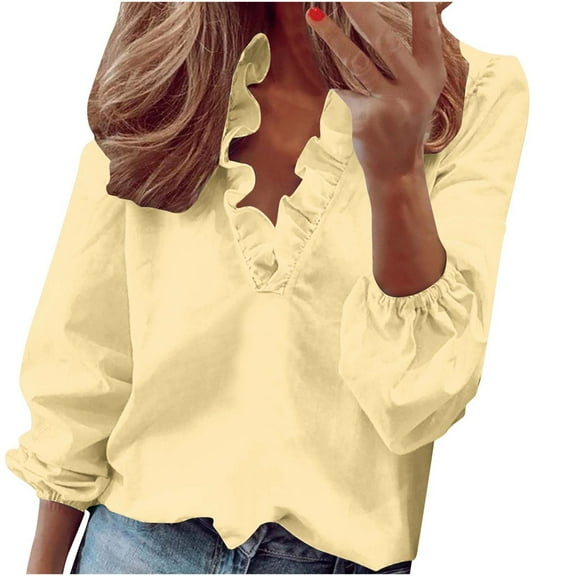 VEKDONE Womens Tops Dressy Long Sleeve Plus Size Blouse Elegant Trendy Ruched Ruffle V Neck Blouses Solid Color Loose Fit Ladies Outdoor Shirts