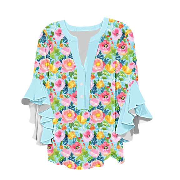 VEKDONE Womens Tops Hide Belly Shirts 3/4 Ruffled Sleeve Blouse Button V-Neck Loose Fit Tunic Tops Floral Graphic Tees Casual Beach Shirt A Multicolor Large