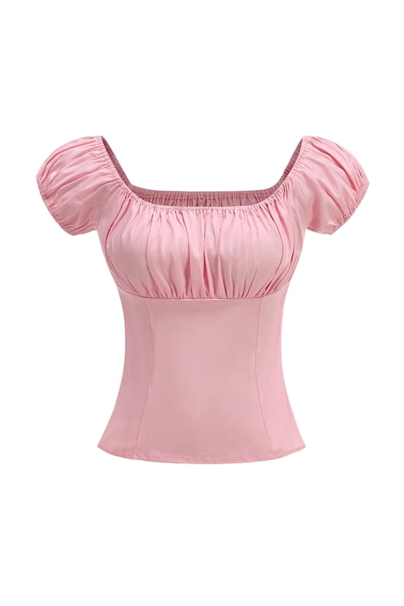 Womens Tops Rockabilly 1950s Pinup Peasant Top Square Neck Puff Short Sleeve Blouse Solid Color Vintage Slim Fitted Tees Shirts Pink S