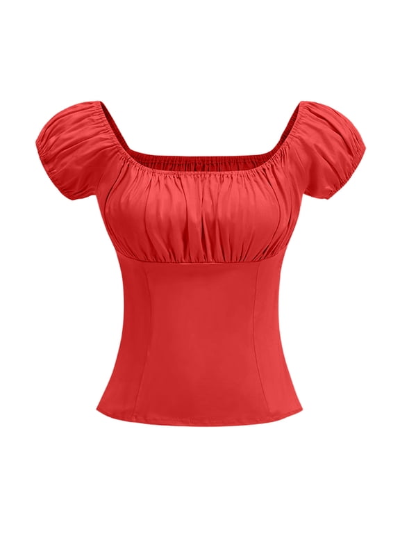 Womens Tops Rockabilly 1950s Pinup Peasant Top Square Neck Puff Short Sleeve Blouse Solid Color Vintage Slim Fitted Tees Shirts Red L