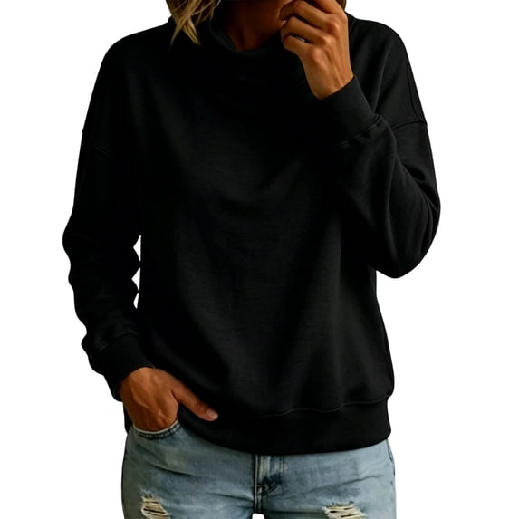 VEKDONE Womens Turtleneck Sweatshirt Fall Drop Shoulder Long Sleeve Sweatshirt Trendy Loose Fit Lightweight Pullover Tops Solid Color Casual Shirts Black XXL