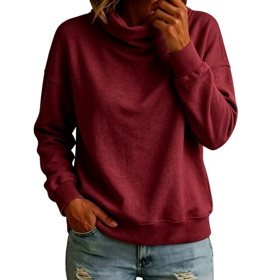 VEKDONE Womens Turtleneck Sweatshirt Fall Drop Shoulder Long Sleeve Sweatshirt Trendy Loose Fit Lightweight Pullover Tops Solid Color Casual Shirts Wine S