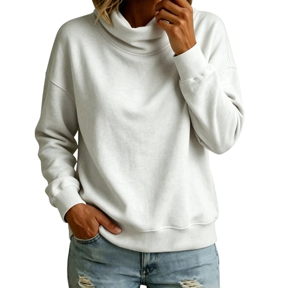 VEKDONE Womens Turtleneck Sweatshirt Fall Drop Shoulder Long Sleeve Sweatshirt Trendy Loose Fit Lightweight Pullover Tops Solid Color Casual Shirts White L