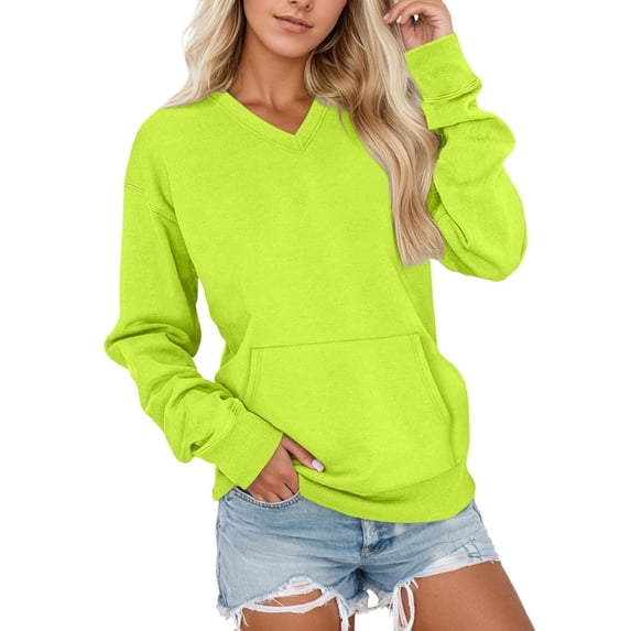 VEKDONE Womens V Neck Sweatshirt with Pockets Fall Long Sleeve Loose Fit Pullover Tops Solid Color Basic Thin Fleece Sweatshirts for Daily Wear Mint Green XXL
