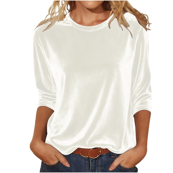 VEKDONE Womens Velvet Tops Three Quarter Length Sleeve T Shirts Solid Color Soft Comfy Pullover Top Dressy Casual Loose Fit Tunic Blouses Beige XL