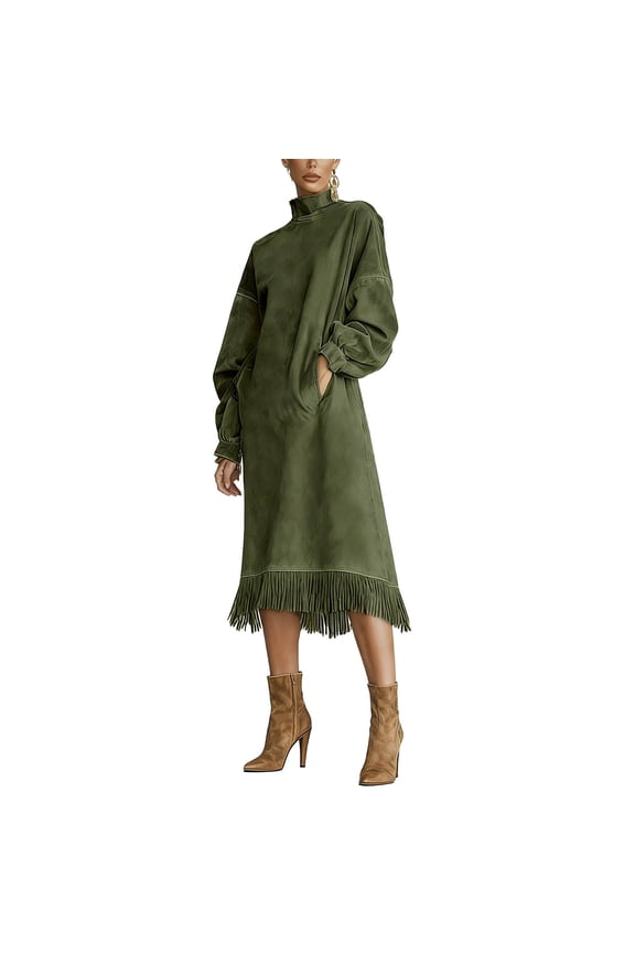 Womens Vintage Dress Elegant Long Sleeve Mock Neck Faux Suede Midi Dress Fringe Hem Loose Long Dresses with Pockets Green S