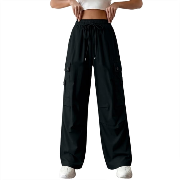 VEKDONE Womens Wide Leg Cargo Pants Elastic High Waisted Drawstring Long Pants Trendy Multi Pockets Hiking Athletic Pants Outdoor Casual Straight Trousers Black L
