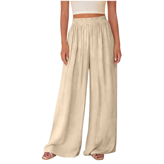 VEKDONE Womens Wide Leg Palazzo Pants Casual Pleated Flowy Sratight Trousers Elastic High Waisted Loose Fit Lounge Pants with Pockets Beige M