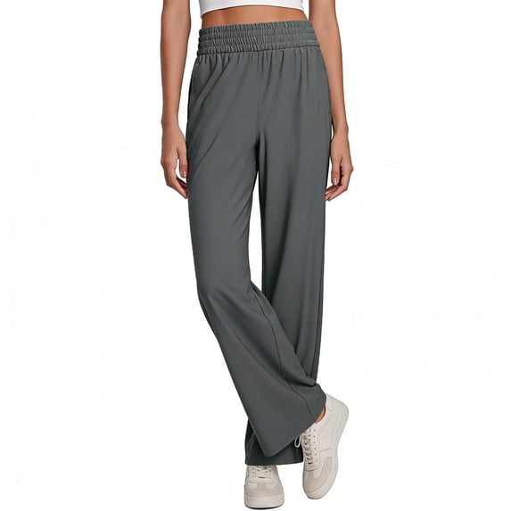 VEKDONE Womens Wide Leg Palazzo Pants Elastic Waist Loose Fit Long Pants Summer Casual Lightweight High Waist Straight Trousers with Pockets Gray S
