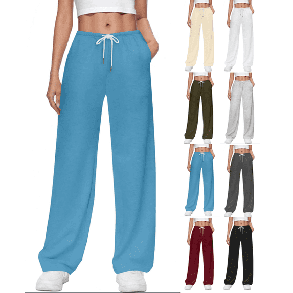 VEKDONE Womens Wide Leg Sweatpants Elastic Waisted Drawstring Long Pants Solid Color Baggy Sweat Pants with Pockets Fall Thin Fleece Lounge Trousers
