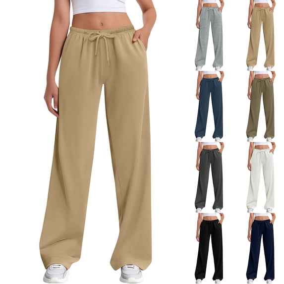 VEKDONE Womens Wide Leg Sweatpants Fall Winter Thin Fleece Lined Baggy Lounge Pants Fashion Solid Color Drawstring Straight Trousers with Pockets