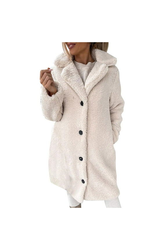 Womens Winter Plush Coats Button Down Notch Neck Fleece Overcoat Long Sleeve Plus Size Mid-Length Jackets Thicken Thermal Outerwear with Pockets