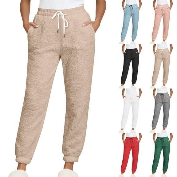 VEKDONE Womens Winter Sherpa Fleece Sweatpants High Waist Drawstring Joggers Pants Thick Thermal Straight Trousers with Pockets Warm Long Pants