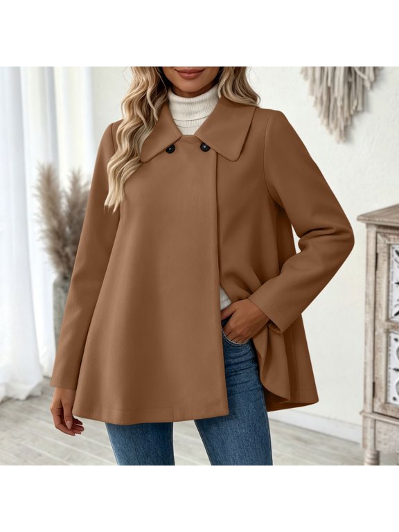 Womens Wool Blend Coat Peter Pan Collar Double Button Front Peacoat A Line Cape Mid-Long Relaxed Fit Coats Fall Winter Trendy Outfits for formal Events