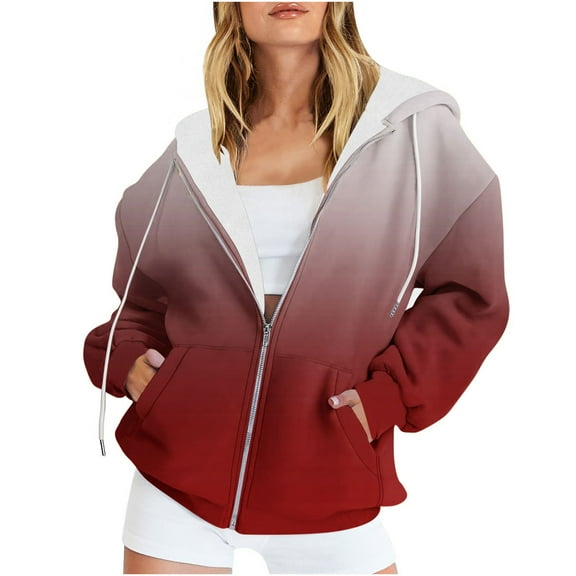 VEKDONE Womens Y2K Hoodies Fashion Gradient Print Hooded Jackets Oversized Loose Fit Coats Fall Full Zip Up Long Sleeve Jacket with Pockets