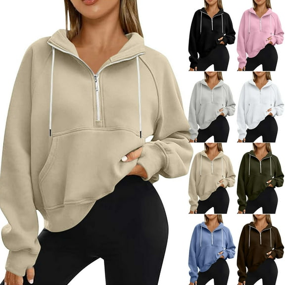 VEKDONE Womens Y2k Sweatshirts Half Zip Up Pullover Sweatshirt Solid Loose Fit Cropped Sweatshirts with Thumb hole Raglan Long Sleeve Drawstring Tops with Pockets