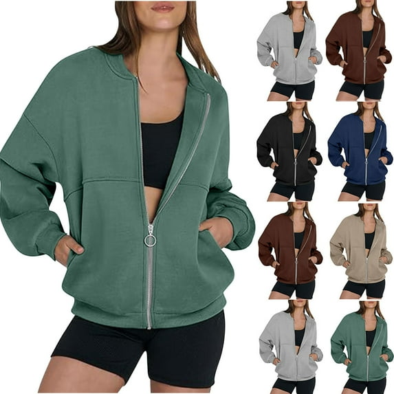 VEKDONE Womens Zip Up Jackets Teen Girl Oversized Loose Fit Coat with Pockets Basic Solid Color Y2K Jacket Casual Soft Comfy Cute Outerwear Gray L