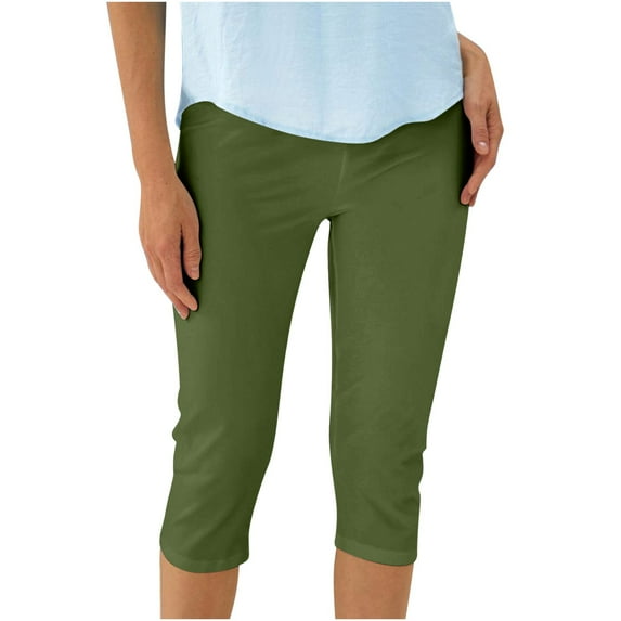 VEKDONE Yoga Capri Leggings for Women Summer High Waisted Tummy Control Workout Leggings Solid Color Stretchy Capris Milk Silk Soft Lightweight Leggings Green L