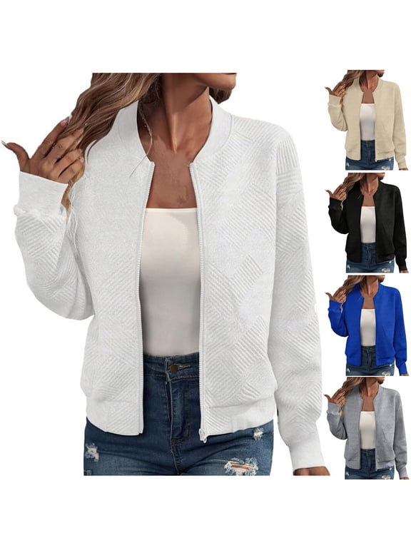 Zip Up Jackets for Women Fall Long Sleeve Loose Thin Coat Solid Color Soft Comfy Outerwear with Pockets Small Jacket White S