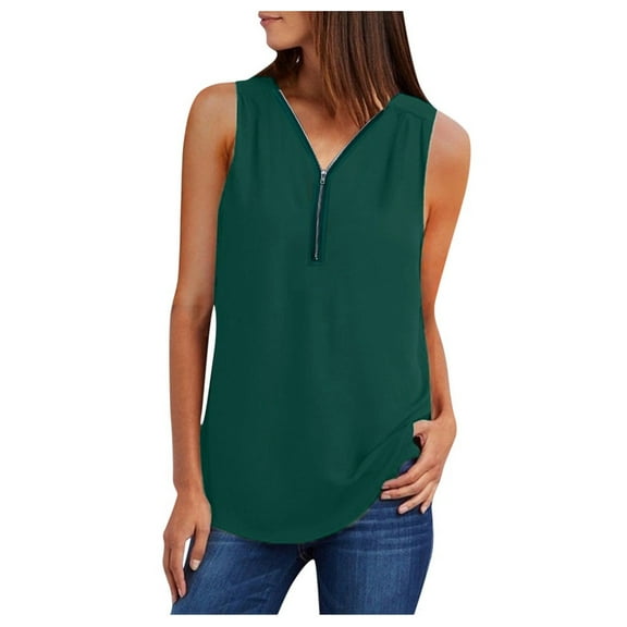 VEKDONE Zip up V-Neck Tank Tops for Women Summer Sleeveless Plus Size Tunics Tops Solid Color Loose Fit Lightweight Lounge Tanks Green XX-Large