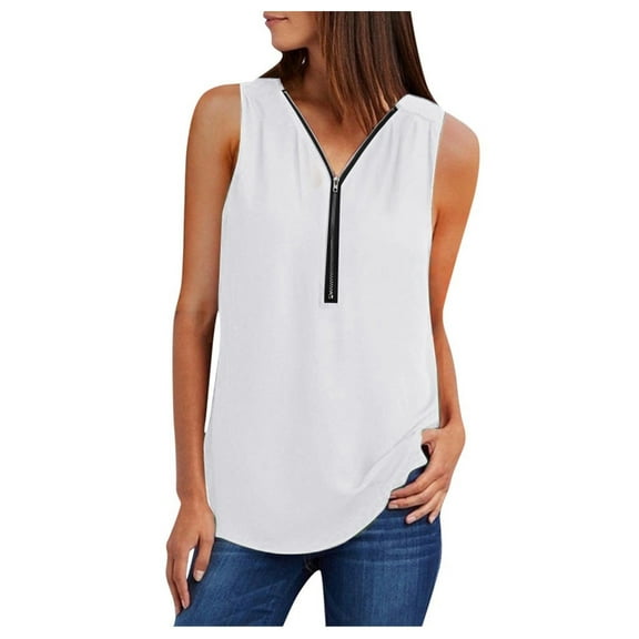 VEKDONE Zip up V-Neck Tank Tops for Women Summer Sleeveless Plus Size Tunics Tops Solid Color Loose Fit Lightweight Lounge Tanks White Small