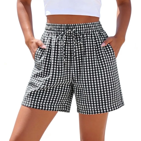 VEKDONE Boxer Shorts for Women Gingham Drawstring Pajama Bottoms Elastic Waisted Plaid Shorts with Pockets Summer Beach Vacation Clothes Black XXL