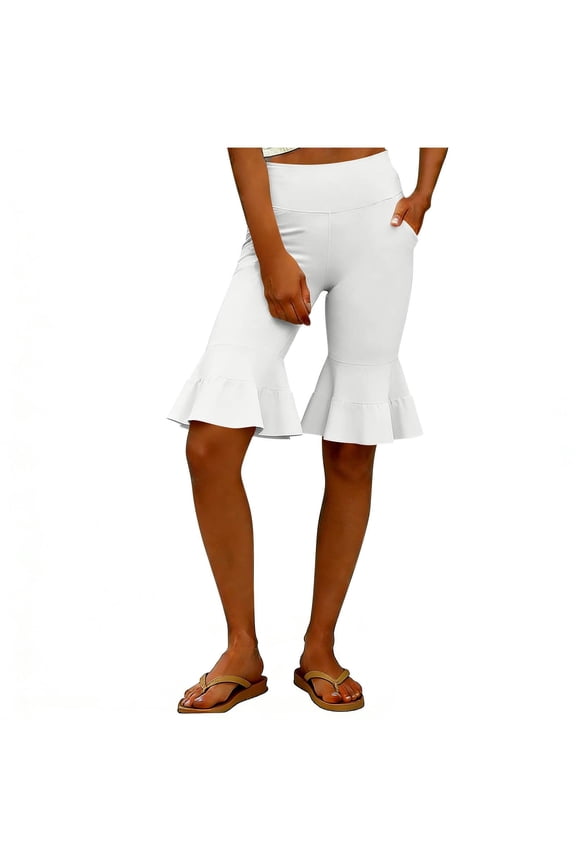 Women's Workout Knee Length Shorts Ruffle Bell Bottom Shorts Stretch Yoga Bermuda Short with Pockets Athletic Work Leggings with Pockets White M