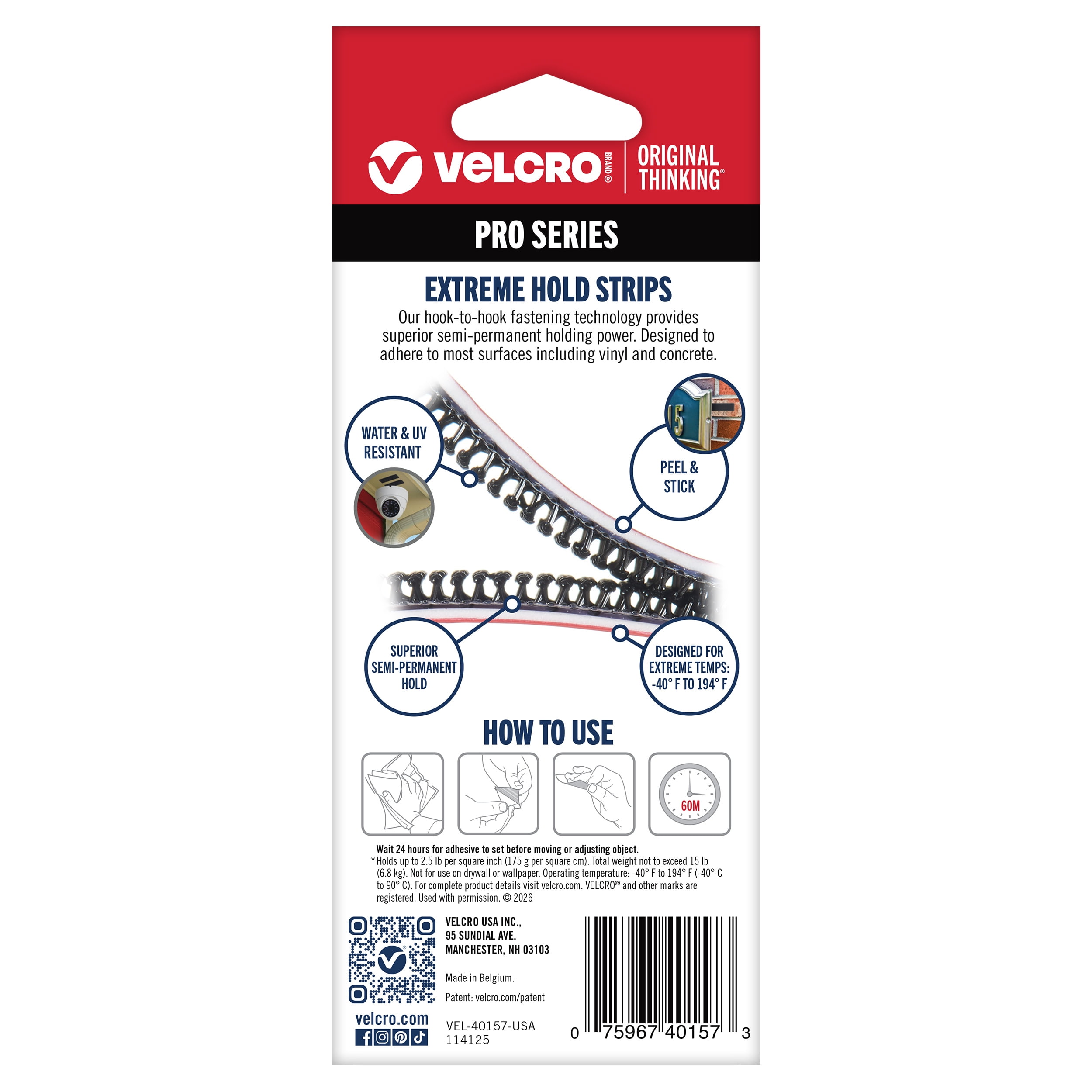 VELCRO® Brand PRO Series Extreme Hold Hook and Loop Strips, Black, 3 in x 1 in, Holds up to 15 lbs, 4 Count