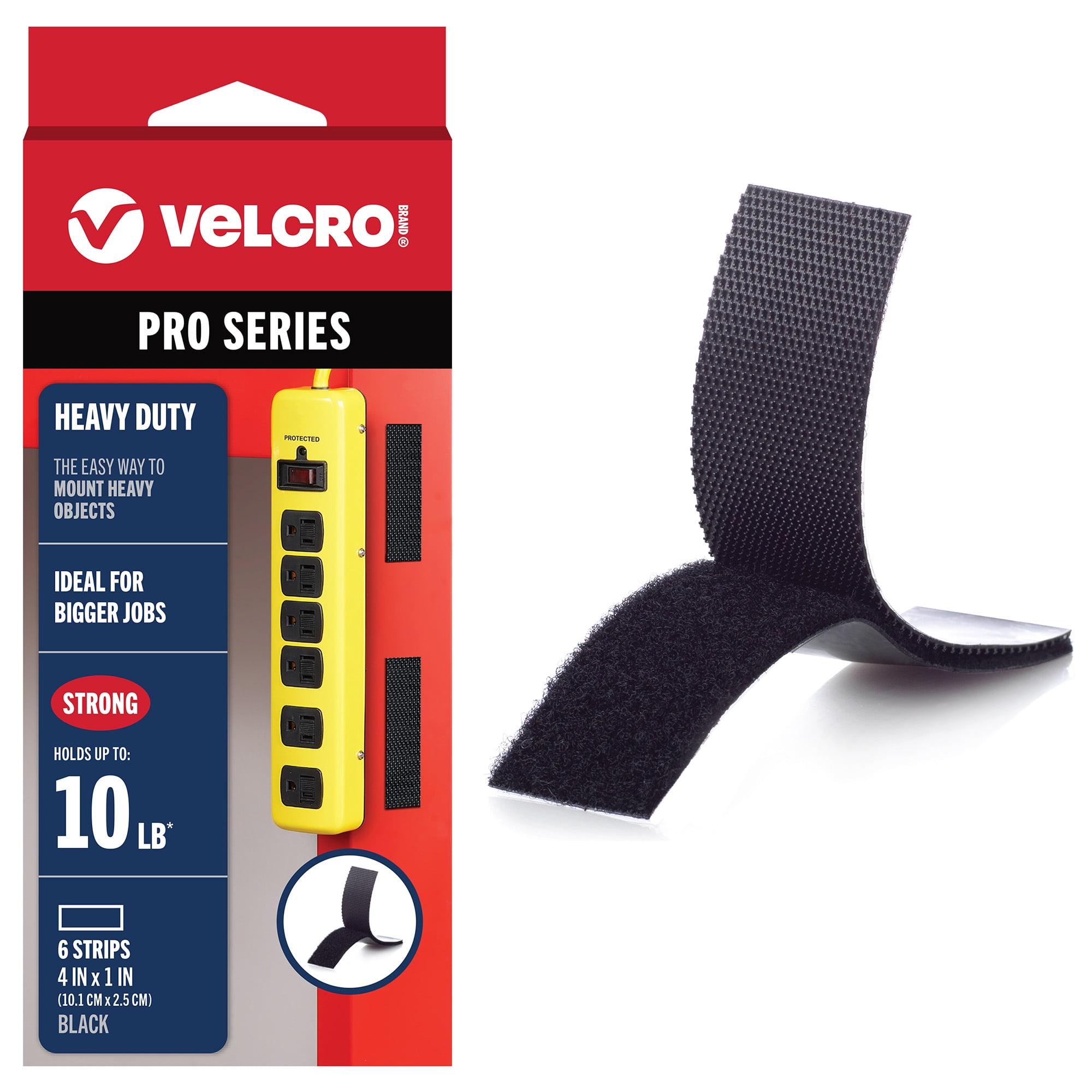 VELCRO® Brand PRO Series Heavy Duty Hook and Loop Strips, Black, 4 in x 1 in, Holds up to 10 lbs, 6 Count