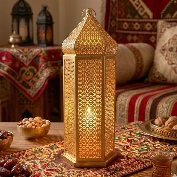 VELA LANTERNS 21" Extra Large Golden Tower Temple Moroccan Lantern Lamp Decorative Candle Holders for Ramadan Decorations, Hanging, Outdoor Patio or Porch, Indoor Home Decor, Gold