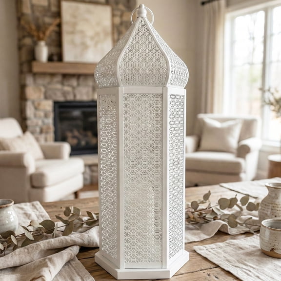 VELA LANTERNS 21" Extra Large Tower Temple Moroccan Lantern Lamp Decorative Candle Holders for Ramadan Decorations, Hanging, Outdoor Patio or Porch, Indoor Home Decor, White