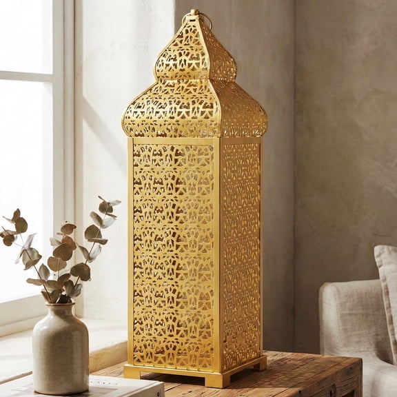 VELA LANTERNS 22" Extra Large Golden Temple Moroccan Lantern Lamp Decorative Candle Holders for Ramadan Decorations, Hanging, Outdoor Patio or Porch, Indoor Home Decor, Gold