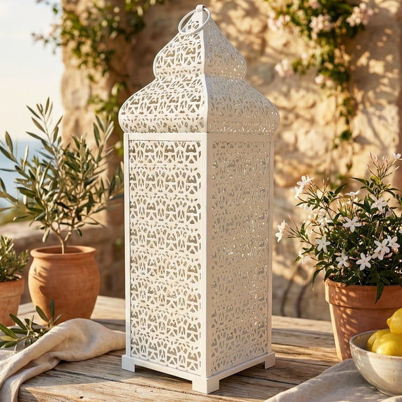 VELA LANTERNS 22" Extra Large Temple Moroccan Lantern Lamp Decorative Candle Holders for Ramadan Decorations, Hanging, Outdoor Patio or Porch, Indoor Home Decor, White
